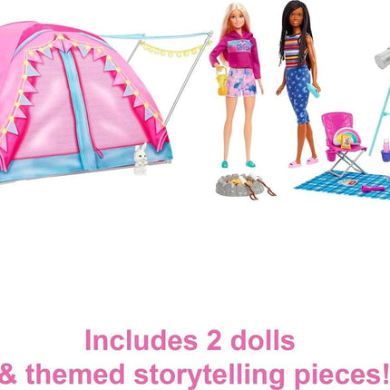 Barbie Dolls & 20 Accessories, It Takes Two Camping Tent Playset with Brooklyn & Malibu, Plus 2 Moving Animals, HGC18