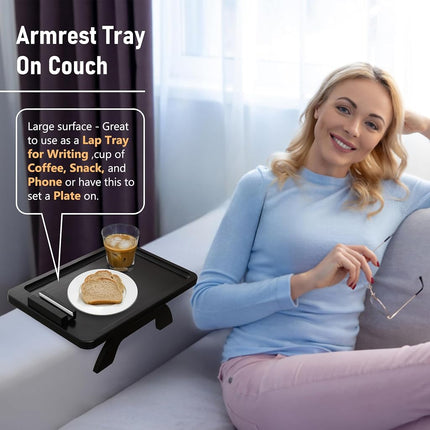 SINWANT Sofa Armrest Tray, Clip On Couch Arm Table, Foldable Sofa Arm Tray with 360° Rotating Phone Holder and Stable Sofa Table for Eating and Drink, Black
