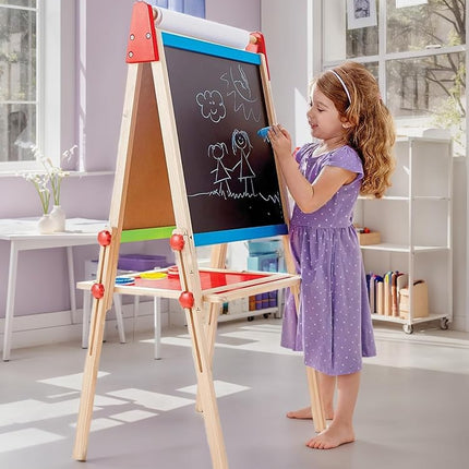 Hape All-in-1 Easel | Award-Winning Double-Sided Kids Standing Easel Adjustable Height Stand with Paper Roll, Chalkboard, Whiteboard, Magnets and 3 Paint Pots