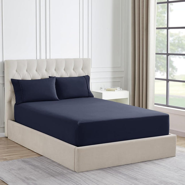 Queen Flannel Fitted Sheet Only with Full Elastic & Built in Corner Sheet Straps to Prevent Shifting - Soft & Breathable Flannel Bottom Sheet, Queen, Navy Blue