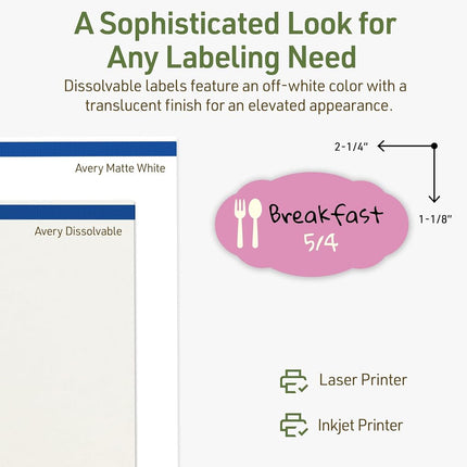Avery Sure Feed Dissolvable Oval Labels with Sure Feed Technology, 1-1/8" x 2-1/4", Matte White, Edge Printing, Compatible with Laser and Inkjet Printers, 210