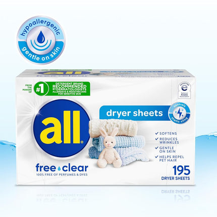 all Fabric Softener Dryer Sheets for Sensitive Skin, Free Clear, 195 Count