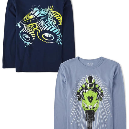 The Children's Place Boys' Assorted Everyday Long Sleeve Graphic T-Shirts,multipacks, Monster Truck/Biker 2-Pack, X-Large
