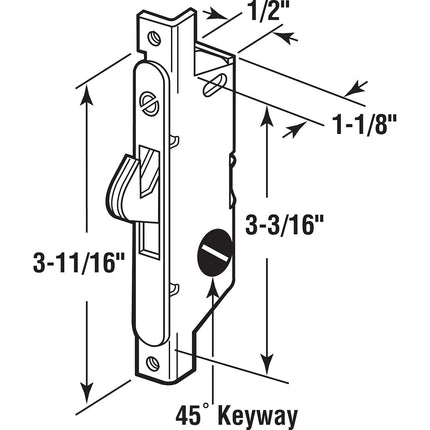 Prime-Line E 2199 Stainless Steel Mortise Lock - Adjustable, Spring-Loaded Hook Latch Projection for Sliding Patio Doors Constructed of Wood, Aluminum and Vinyl, 3-11/16”, 45 Degree Keyway, Round Face
