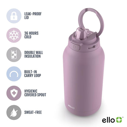 Bouteille d'eau réutilisable en acier inoxydable à isolation sous vide Ello Hydra de 1,9 L (64 oz) avec couvercle verrouillable anti-fuite et paille en silicone souple, garde au froid toute la journée, Mauve