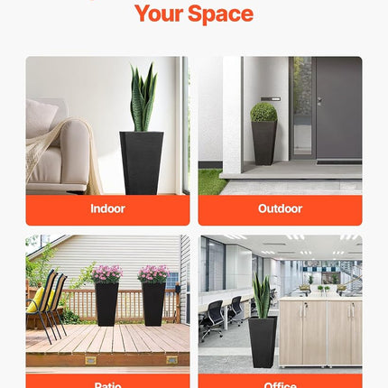 VEVOR Tall Planter, Set of 2 Tall Square Tapered Planters, 57 cm Large Modern Gardening and Flower Plastic Pots, Decorative Tall Black Planter with Drainage Hole, for Porch, Patio, Indoor & Outdoor