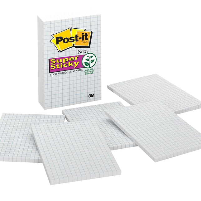 Post-it Super Sticky Notes, 4x6 in, 3 Pads, 2X The Sticking Power, White with Blue Grid Lines, Recyclable (660-SSGRID)