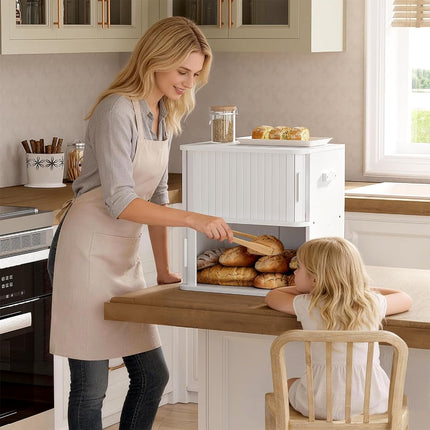 WOWLIVE 2-Tier Bread Box for Kitchen Countertop, Double Layer Roll Top Bread Boxes with Sliding Doors, Extra Large Bread Storage Cabinet for Loaves & Pastries, Bamboo Counter Organizer, White