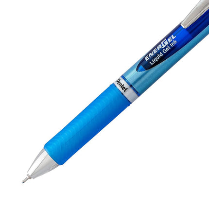Pentel EnerGel RTX - Juego de bolígrafos retráctiles de tinta de gel líquida prémium, punta de aguja (0.7 mm), ultrasuaves, trazo medio, tinta azul, paquete de 10