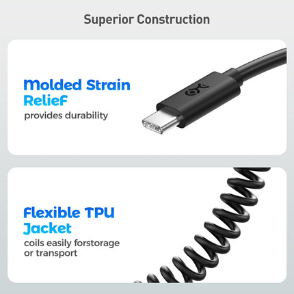 Câble USB C vers USB C en spirale Cable Matters de 0,3 à 1,2 m, jusqu'à [60 W de charge, transfert de données de 480 Mbps] Compatible avec Apple CarPlay, Android Auto, câble de charge USBC pour iPhone 16/15, Galaxy S24