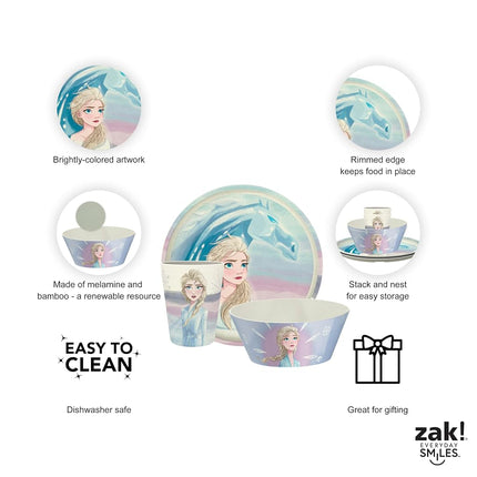 Juego de vajilla infantil de 3 piezas de Zak Designs Disney Frozen 2, plato, cuenco y vaso de melamina y bambú duraderos y sostenibles son perfectos para la hora de la cena en familia (Anna, Elsa, Olaf)