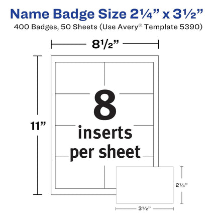 Avery Customizable Name Badge Inserts, 2.25” x 3.5”, White, 400 Printable Name Tag Inserts (5390) (Pack of 5)