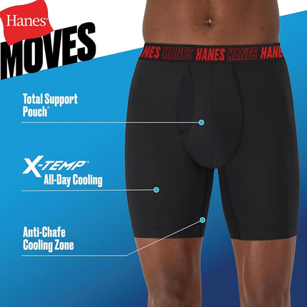 Hanes Men's Moves Performance Boxer Brief, Total Support Pouch, Regular, Trunk, 3-Pack, Long Leg-Black-3 Pack, M (Pack of 3)