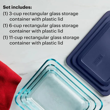 Pyrex Simply Store Rectangular Glass Food Storage Container Set with Lids – Durable High-Quality Glass and Stain-Resistant Design – Microwave, Dishwasher & Freezer Safe – 6-Piece Set