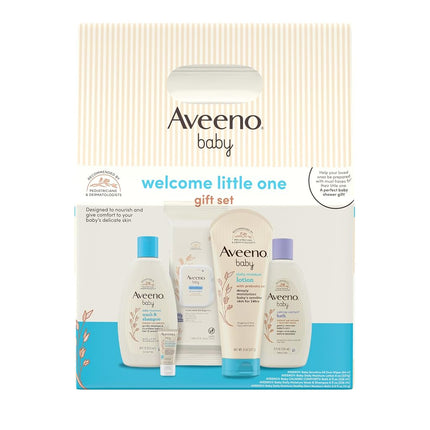 Aveeno Baby Welcome Little One Gift Basket, Baby Skincare Set with Baby Body Wash & Shampoo, Calming Bath Wash, All Over Baby Wipes, & Daily Moisturizing Lotion, 4 Piece Set