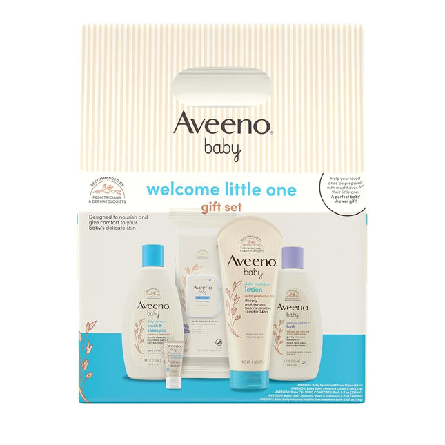 Aveeno Baby Welcome Little One Gift Basket, Baby Skincare Set with Baby Body Wash & Shampoo, Calming Bath Wash, All Over Baby Wipes, & Daily Moisturizing Lotion, 4 Piece Set