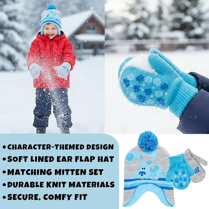 Set de gorro de invierno de Blue's Clues de Nickelodeon para niños - Gorro de pompón y manoplas de 2 piezas, talla 2-4 años, azul/gris