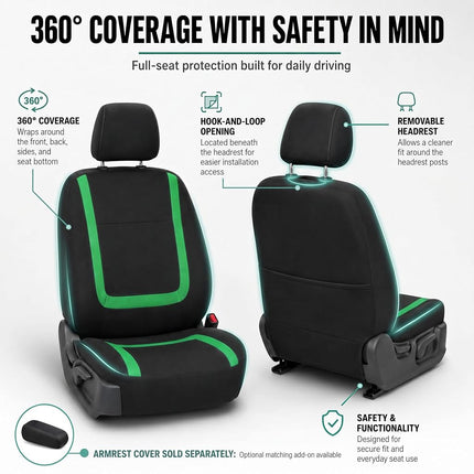 FH Group Car Seat Covers Front Set in Cloth-Car Seat Covers for Low Back Car Seats with Removable Headrest,Universal Fit,Automotive Seat Covers,Washable Car Seat Cover for SUV,Sedan,Van Green