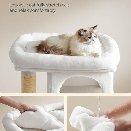 Feandrea Cat Tree, 40.6-Inch Cat Tower, Plush Condo for Extra Large Cats up to 44 lb, Large Perch, 2 Caves, Scratching Post, Cream White UPCT614T01