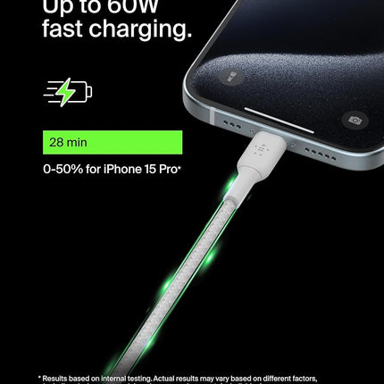 Belkin BoostCharge braided USB C to fast charger cable, USB type C charger cable fast charging for iPhone 16, 15, Samsung Galaxy S24, S23, Pixel, iPad, MacBook, Nintendo and more - 1m, White
