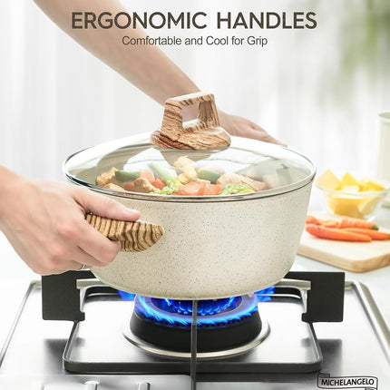 Michelangelo 4.3 Quart Nonstick Soup Pot with Lid, Non-Toxic Granite Coating, Induction Compatible, Non Stick Pot for Cooking with Stay-Cool Handles, White