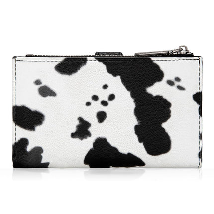 Wrangler Small Trifold Wallets for Women Leather Slim Bifold Ladies Mini Purse Credit Card Holder Money Organizer, Black Cow Print, 6" X 4" X 1.2", Chic