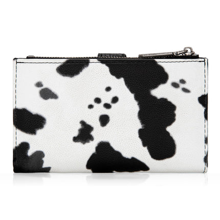 Carteras pequeñas trípticas Wrangler para mujer, de cuero, delgadas, de dos pliegues, mini cartera para dama, tarjetero, organizador de dinero, estampado de vaca negro, 15,24 cm x 10,16 cm x 3,05 cm, elegante