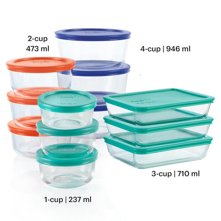 Pyrex Simply Store Rectangular Glass Food Containers with BPA Free Plastic Lids Multi-Coloured – Airtight Freshness Seal – Stain and Odour Resistant Tempered Glass, 24-Piece Set