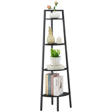 Hoctieon Corner Shelf, 4-Tier Corner Bookshelf, Rustic Ladder Shelf, Industrial Display Stand for Living Room, Kitchen, Home Office, Balcony, Small Space, Metal Frame, Black