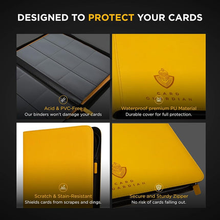 Card Guardian - 9 Pocket Premium Binder with Zipper for 360 cards - side loading pockets for Trading Card Games TCG (Yellow)