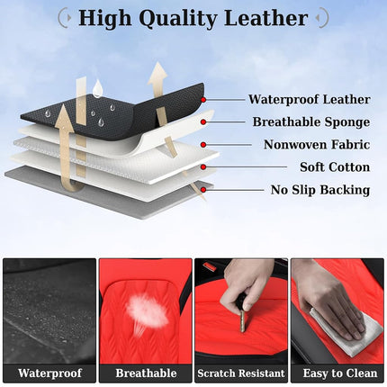 Coverado Car Seat Cover Full Set, Leather Seat Covers for Front and Rear, Waterproof Seat Covers 5 Seats, Luxury Car Seat Protectors Driver Seat Cushions Universal for Most Vehicles, Red