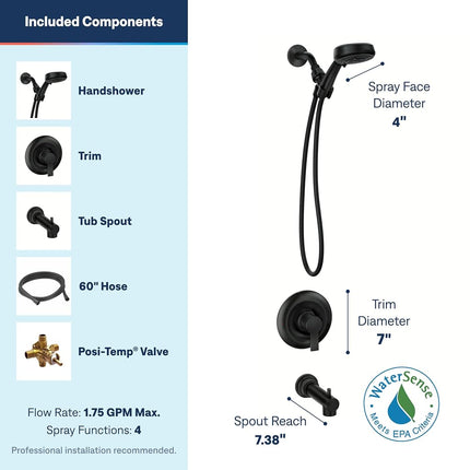 Moen Meena Matte Black Single Handle Modern Shower Faucet with Handshower and Tub Spout for Bathtub (Valve Included), 82618BL