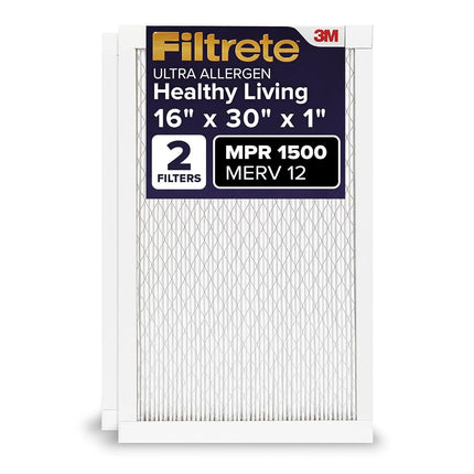 Filtrete 16x30x1 AC Furnace Air Filter, MERV 12, MPR 1500, CERTIFIED asthma & allergy friendly, 3 Month Pleated 1-Inch Electrostatic Air Cleaning Filter, 2-Pack (Actual Size 15.81x29.81x0.78 in)