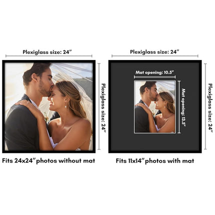 Americanflat 24x24 Picture Frame with Polished Plexiglass - Use as 11x14 Frame with Black Mat or Display 24x24 Photo Without Mat - Streamline Collection - Thin Border Square Frames for Wall - Black