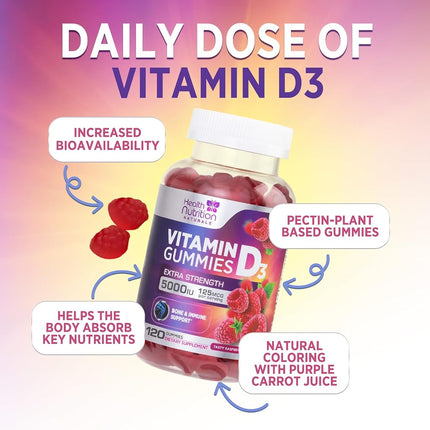 Health Nutrition Naturals Vitamin D3 Gummies 5000IU (125mcg), D Immune Support Gummy, Delicious Raspberry Flavor, Gluten Free Vegetarian GMO-Free Chewable - Bone for Adults, Men, Women 120