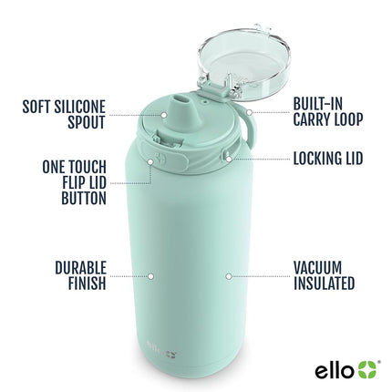 Ello Cooper 40oz Stainless Steel Water Bottle with Straw and Carry Handle, Double Walled and Vacuum Insulated Metal, Leak Proof Locking Lid with Soft Silicone Spout, Reusable, BPA Free, Yucca