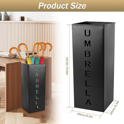 Metal Umbrella Stand, 16.5x6.3x6.3inch Square Free Standing Umbrella Rack Decorative Umbrella Holder Bin Multipurpose Walking Sticks Holder for Umbrella Cane Entryway Home Office(black)