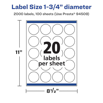 Avery Matte White Round Labels with Sure Feed, 1.75" Diameter, 2,000 Matte White Printable Labels
