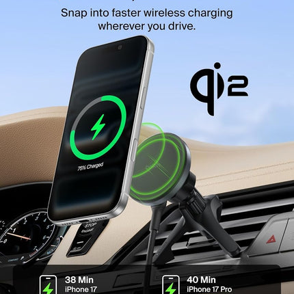 Belkin Wireless Car Charger, Magnetic Car Ventilation Holder with 1M USB C Cable, Qi2 MagSafe Compatible Fast Charger for iPhone 17, Galaxy S25, Pixel 10 and More - Travel Accessories - Black