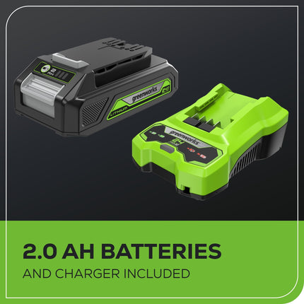 Coupe-bordure/dresse-bordure sans fil GreenWorks 24V (Gen 2), largeur de coupe de 30,5 cm, conception ultra-légère de 2,7 kg, convivial pour les femmes et les seniors, batterie 2.0Ah et chargeur (autonomie de 45 minutes)