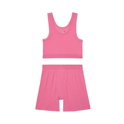 Hanes womens Originals 2-piece Lounge Set, Comfywear Supersoft Crop Top & Boxer Shorts Loungewear Set, Parrot Pink/Parrot Pink, Large