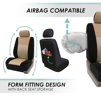 FH GROUP Car Seat Covers Trendy Elegance Three Row Car Seat Covers Set, Airbag Compatible and Split Ready, 8 Headrest Covers-Universal Fit for Cars, Trucks & SUVs (Beige/Black)