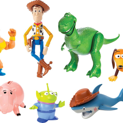 Mattel Disney y Pixar Toy Story Set de 7 figuras de acción con Woody, Slinky, Rex, Hamm, Alien, Rocky y Shark, Colección Mattel Disney100