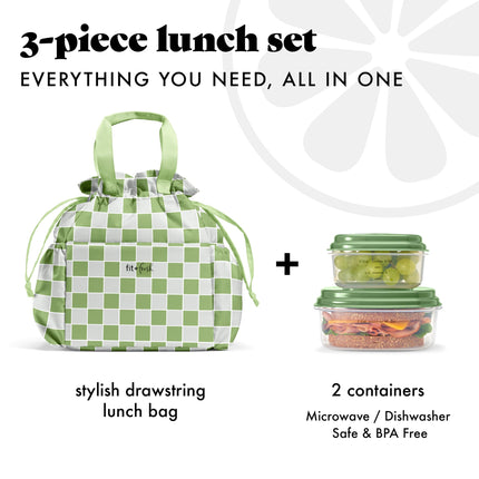 Fit & Fresh Cromwell Drawstring Lunch Bag for Women, Complete Lunch Set with 2 Containers, Stain-Resistant, Leak-Resistant, Back to School Essential, Teacher Lunchbox, Pistachio Checker Board