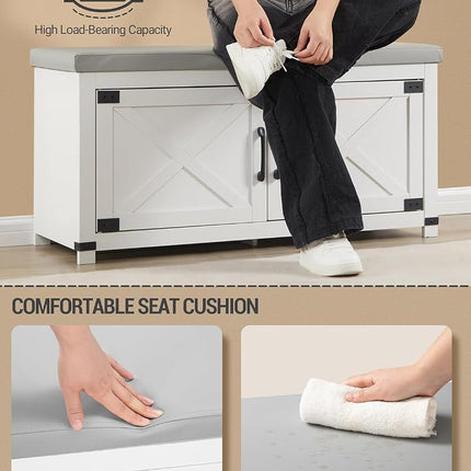 Hzuaneri Shoe Storage Bench, Soft Padded Seat Cushion & 2 Barn Doors White