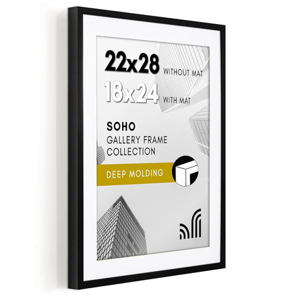 Marco de póster Americanflat de 22x28 con plexiglás pulido - Úselo como marco de 18x24 con paspartú o exhiba una foto de 22x28 sin paspartú - Colección Soho - Marcos de fotos de moldura profunda para exhibición en pared - Negro