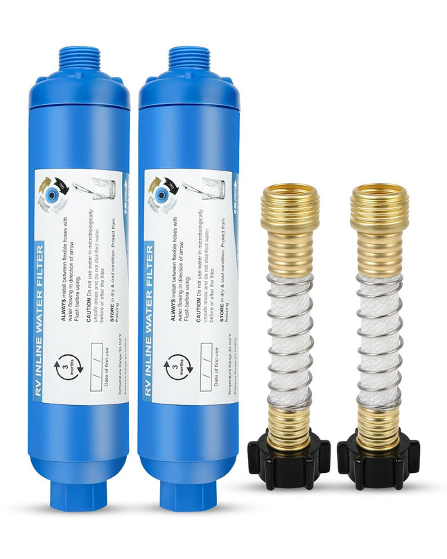RV Inline Water Filter with 2 Flexible Hose Protec