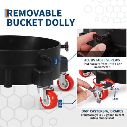 Kit de lavage de voiture de 5 gallons avec chariot à 5 roulettes, seau de 15,5 L, grilles anti-gravier, poignée en caoutchouc et couvercle, système de détail roulant d'une capacité de 136 kg pour le nettoyage automobile, robuste (transparent)