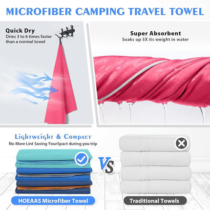 Microfiber Sport Travel Towel Set-(L -48"x28"+24"x12")-Quick Dry, Absorbent, Ultra Compact Towels-Fit for Beach Yoga Golf Gym Camping Backpacking Hiking+Hand Towel&Carry Pouch(L HPink)