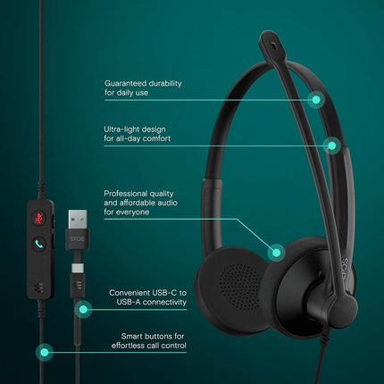 EPOS IMPACT 100 UC Stereo USB-C+A Headset with Microphone, Universal Communications, Noise-Cancelling Mic, Lightweight, Call Control, USB Adapter, Soft Earpads, Professional Business Use